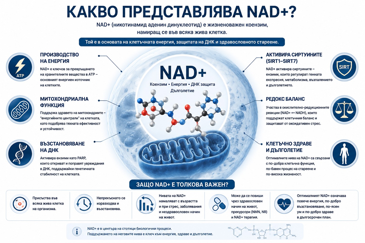 Какво представлява NAD+ и как участва в клетъчната енергия, митохондриите и възстановяването на ДНК